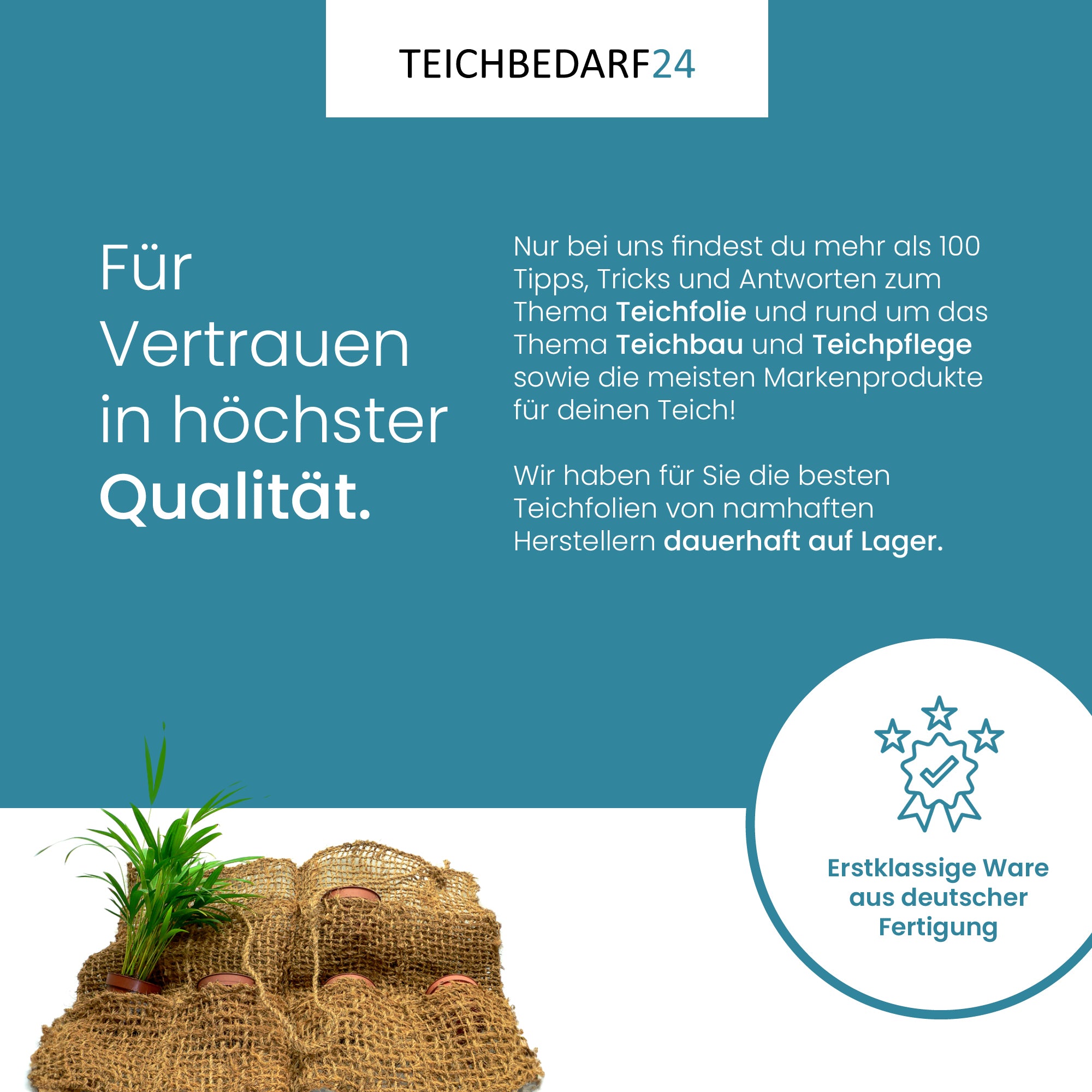 Drei TeichVision Kokos-Pflanztaschen, ca. 100 cm breit, für Wasserpflanzen, mit tropischer Amazonas-Grafik auf der Verpackung