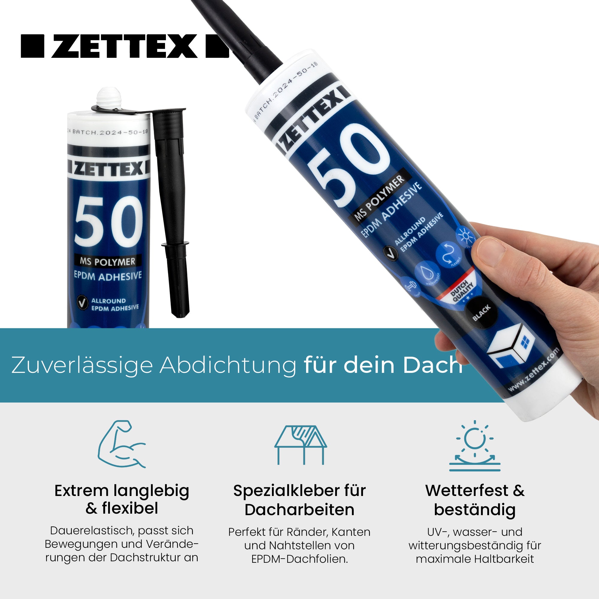 Schwarzer Zettex MS50 Allzweck MS-Polymer Abdichtungskleber auf einer Arbeitsfläche, vielseitiger Kleber für Bau und Heimwerker.