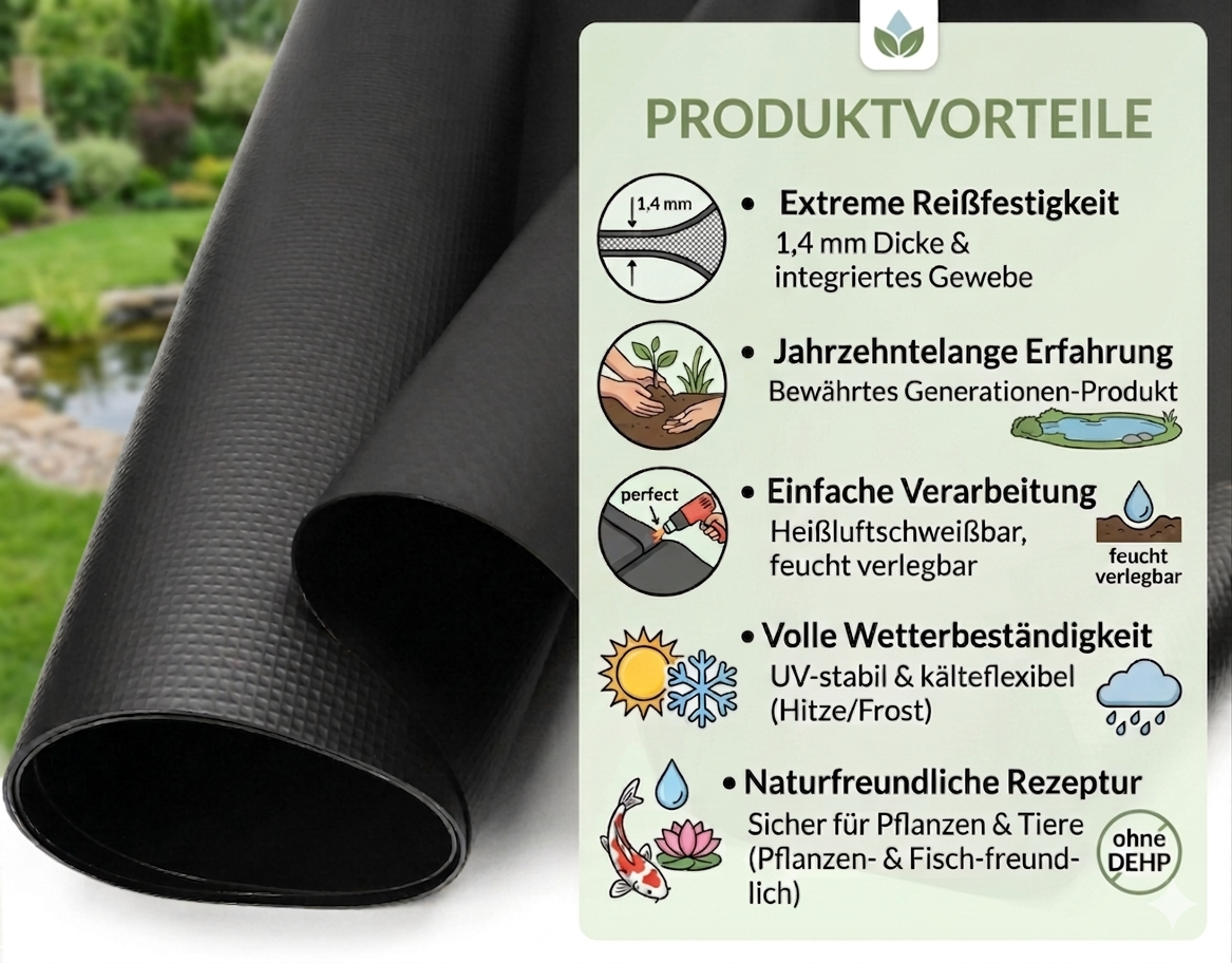 Schwarz verstärkte PVC-Teichfolie von TeichVision, 1,4 mm dick, robustes Gewebe für Teichabdichtung.