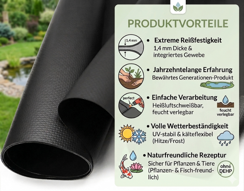 Schwarz verstärkte PVC-Teichfolie von TeichVision, 1,4 mm dick, robustes Gewebe für Teichabdichtung.