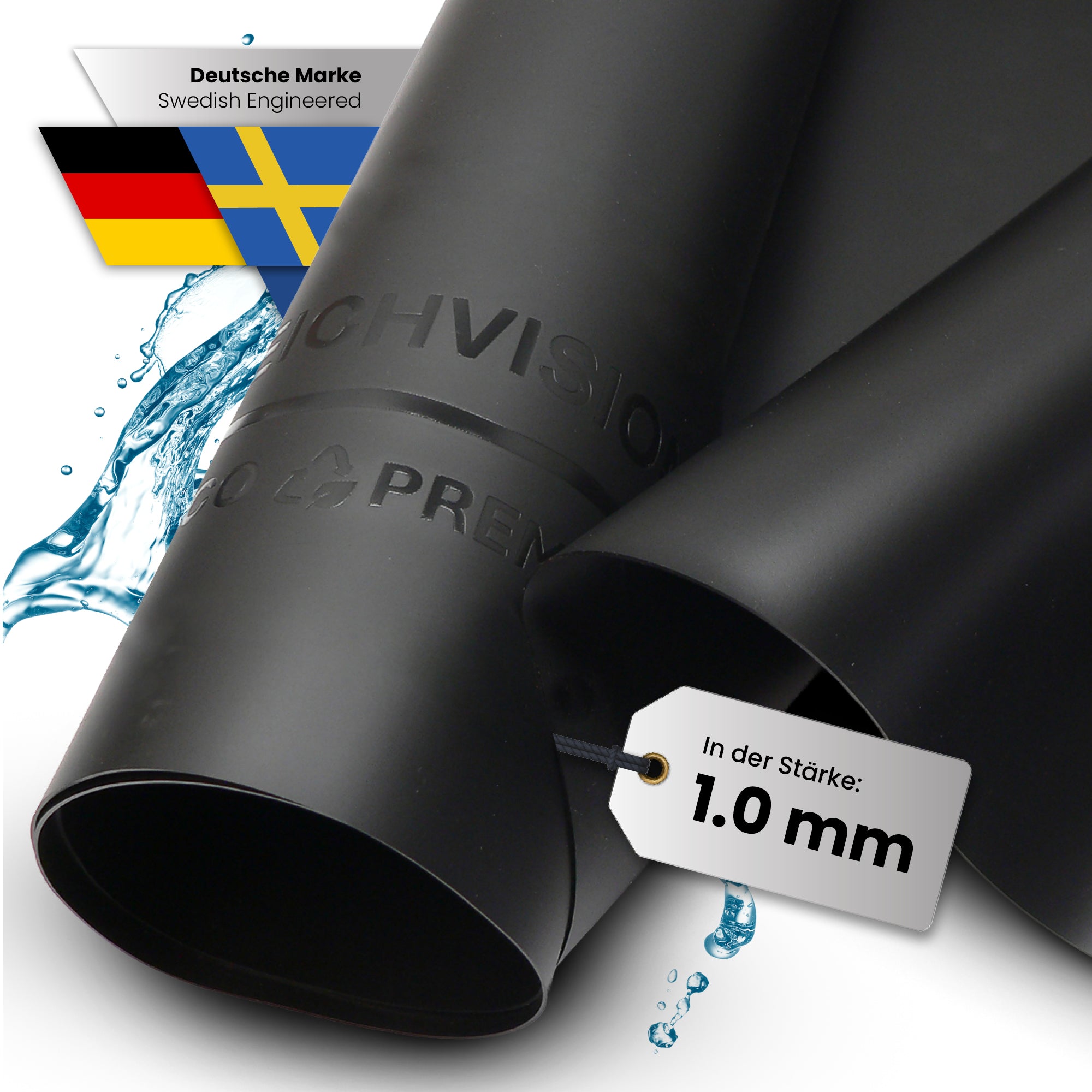 Schwarze PVC-Teichfolie von TeichVision Eco Premium, 1,0 mm dick, phthalatfrei, langlebig und umweltfreundlich für Gartenteiche.