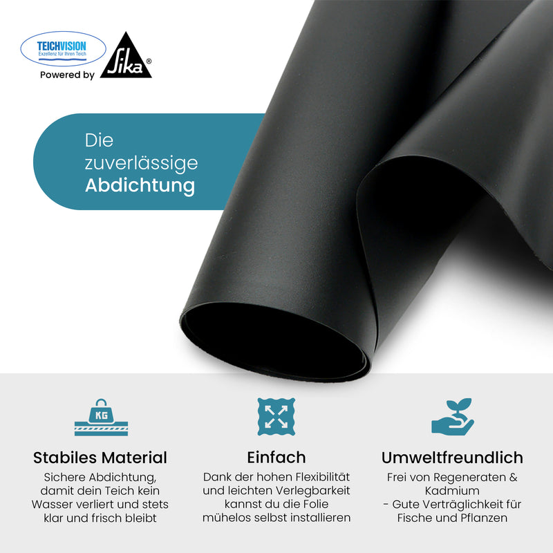 Schwarze TeichVision PVC Eco Premium 1,0 mm PVC-Teichfolie phthalatfrei auf einer Teichanlage ausgebreitet.