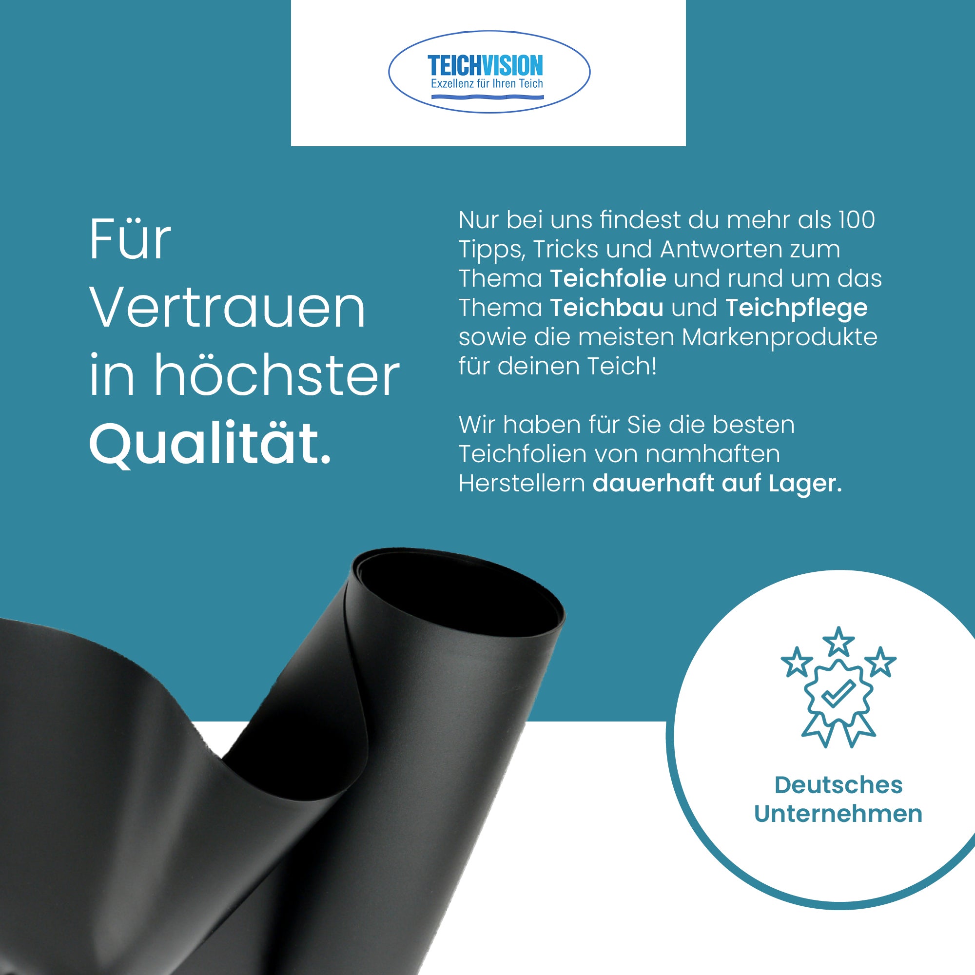 Schwarze PVC-Teichfolie Eco Premium von TeichVision, 1,0 mm dick, phthalatfrei, langlebige und flexible Teichabdichtung
