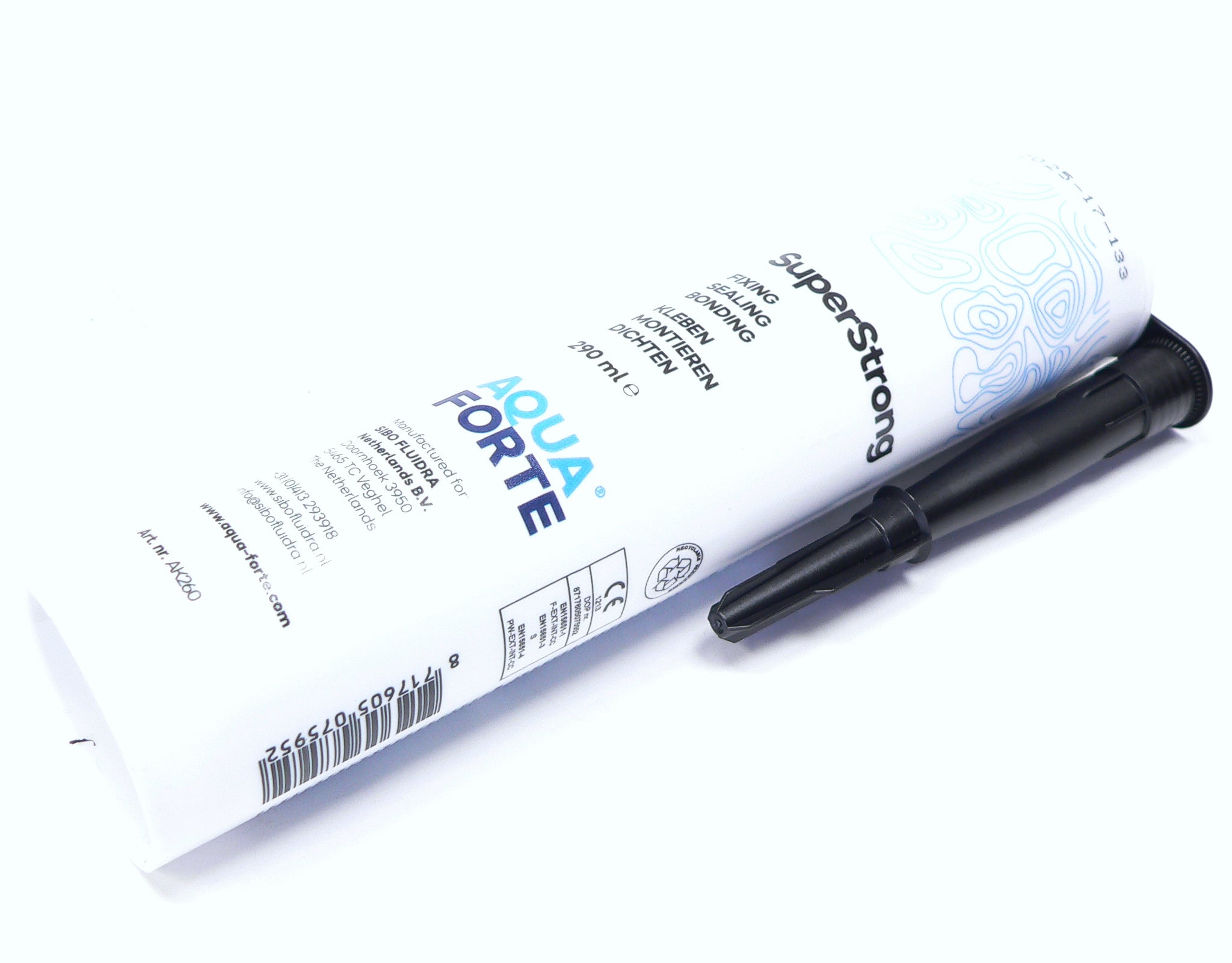 Schwarzer AquaForte Superstrong MS-Polymer Abdichtungskleber von Sibo Fluidra, vielseitiger Allzweck-Kleber für Abdichtungen.