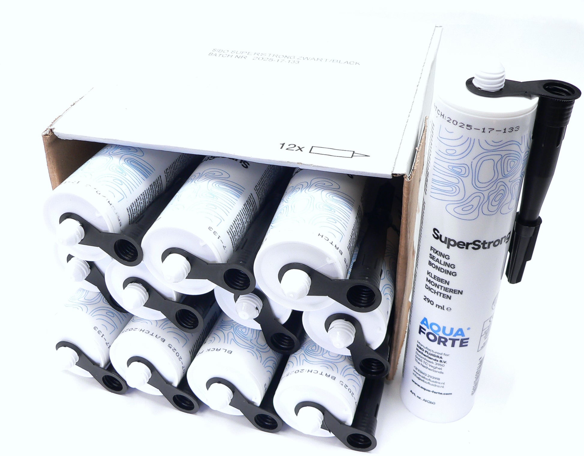 Schwarzer AquaForte Superstrong MS-Polymer Abdichtungskleber von Sibo Fluidra in Karton verpackt