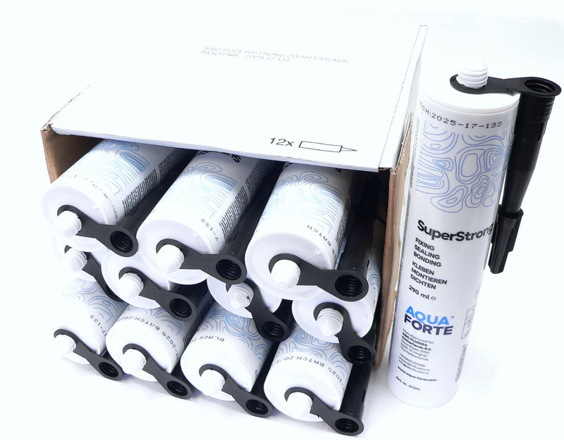 Schwarzer AquaForte Superstrong MS-Polymer Abdichtungskleber von Sibo Fluidra in Karton verpackt