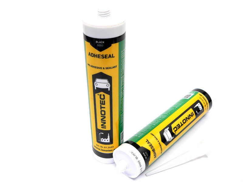 Schwarzer Innotec Adheseal MS Polymer Allzweck-Dichtkleber in 290 ml Kartusche, vielseitiger Abdichtungskleber für verschiedene Oberflächen.