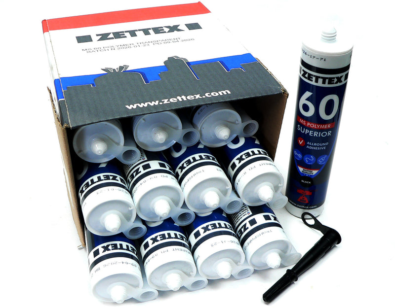 Schwarzer Zettex MS60 Allzweck Kleber und Dichtstoff aus MS-Polymer, in Karton verpackt, vielseitiger Kleber für verschiedene Materialien.