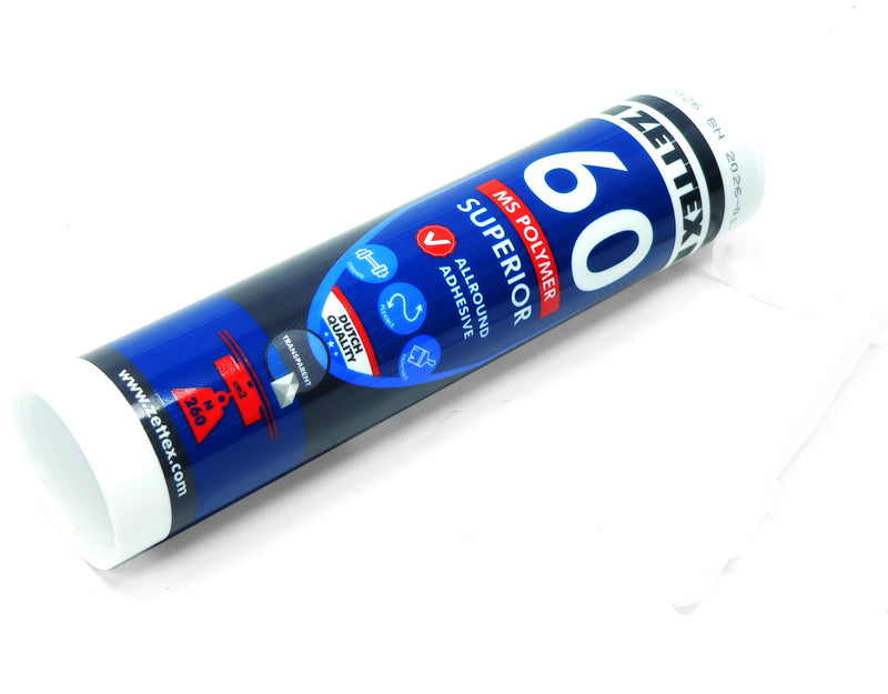 Transparenter Zettex MS60 Allzweck-Kleber und Dichtstoff aus MS-Polymer, ideal zum Verkleben und Abdichten.