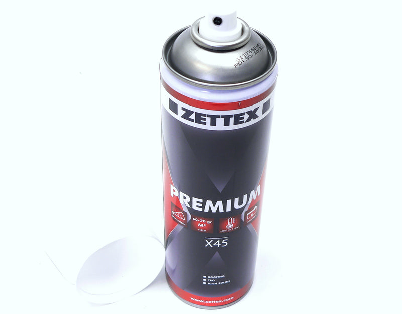 Zettex X45 Sprühkleber für Vlies, 500ml, in Sprayflasche, zeigt den Zettex Sprühkleber für flexible Vliesstoffe.